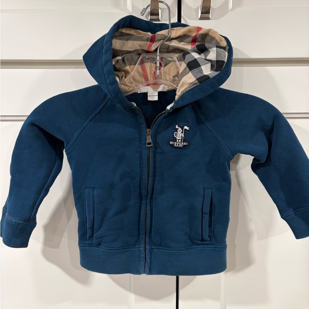 Burberry Kids Navy Hooded Zip Sweatshirt with Signature Check Hood